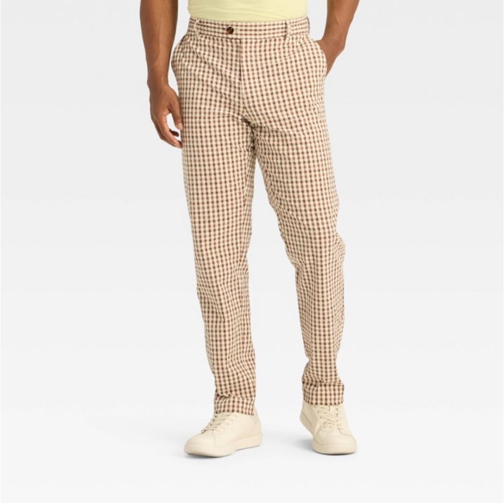 Houston White Mens Seersucker Chino Pants Trousers Brown Gingham Size Medium NWT